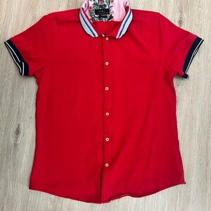 Zara Man Red Muscle Fit Polo Shirt - Floral Collar Detail - Size M